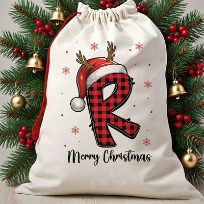 Personalized Christmas Alphabet Cotton Drawstring Bag - Plaid Santa Hat Gift Sack
