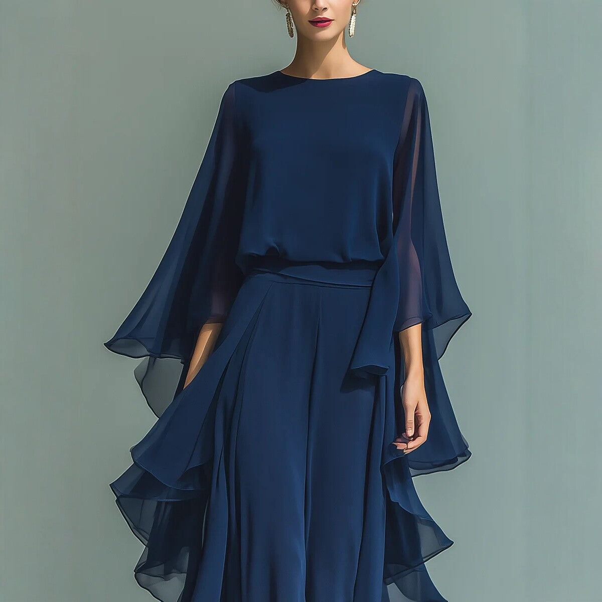 Women's Elegant Deep Blue Ruffle Wide-Leg Pants Set - Two-Piece Long Sleeve Outfit