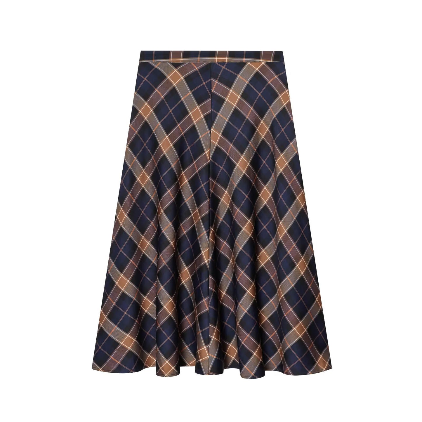 Classic Plaid Patterned A-Line Skirt - Elegant High-Waist Commuter Style Midi Skirt