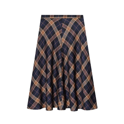 Classic Plaid Patterned A-Line Skirt - Elegant High-Waist Commuter Style Midi Skirt