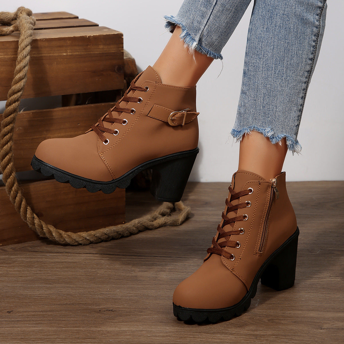 Women's Chunky High Heel Lace-Up Ankle Boots