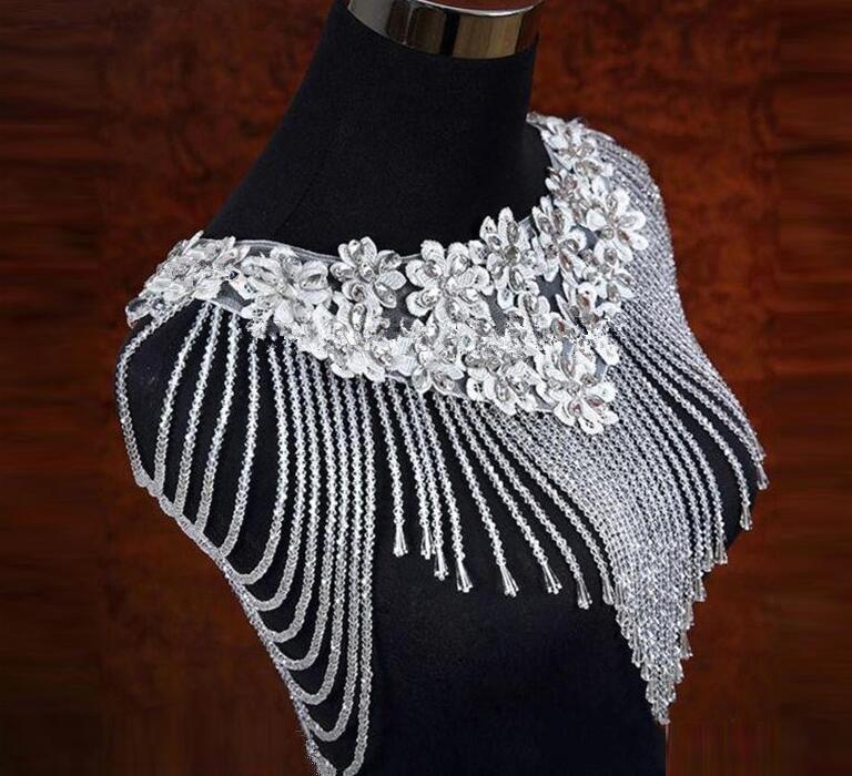 White Crystal Beaded Wedding Bolero / Rhinestone Tassel Shoulder Wrap Applique for Bridal Gown or Evening Dress