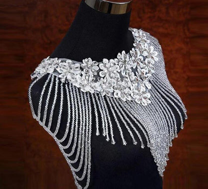 White Crystal Beaded Wedding Bolero / Rhinestone Tassel Shoulder Wrap Applique for Bridal Gown or Evening Dress