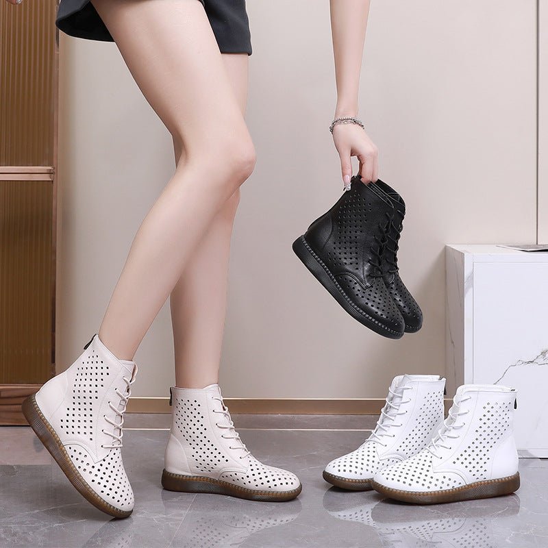 Women's Retro Hollowed Out Martin Boots – Soft Breathable Leather Flat Boots for All-Day Comfort