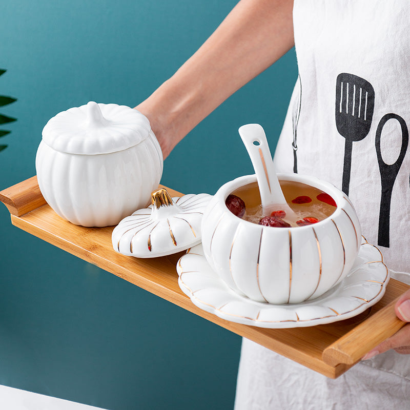 Creative Ceramic Pumpkin Soup Bowl with Lid and Saucer Set