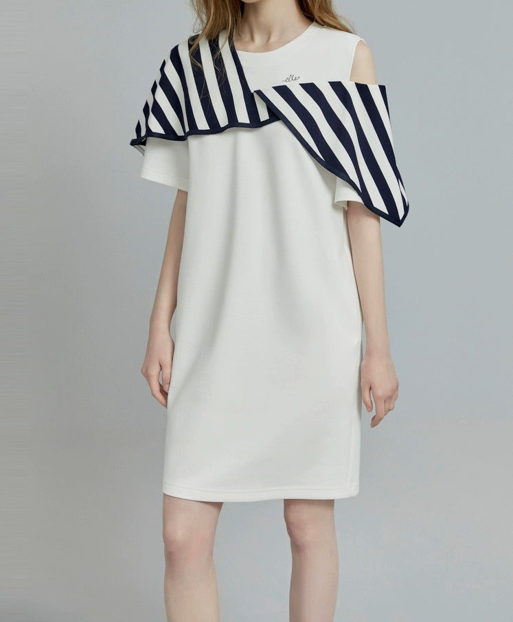 Chic Off-Shoulder Stripe Design White Commuting Dress - Elegant Minimalist Short Sleeve Niche Skirt for Women
