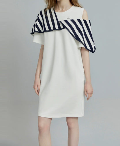 Chic Off-Shoulder Stripe Design White Commuting Dress - Elegant Minimalist Short Sleeve Niche Skirt for Women