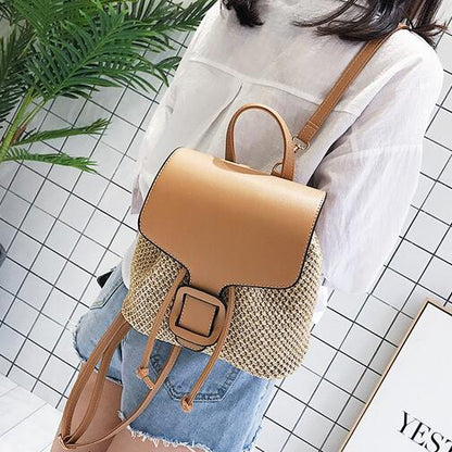 Women's Straw Splicing Leather Backpack - Leisure Beach Shoulder Bag & Rucksack for Teenage Girls