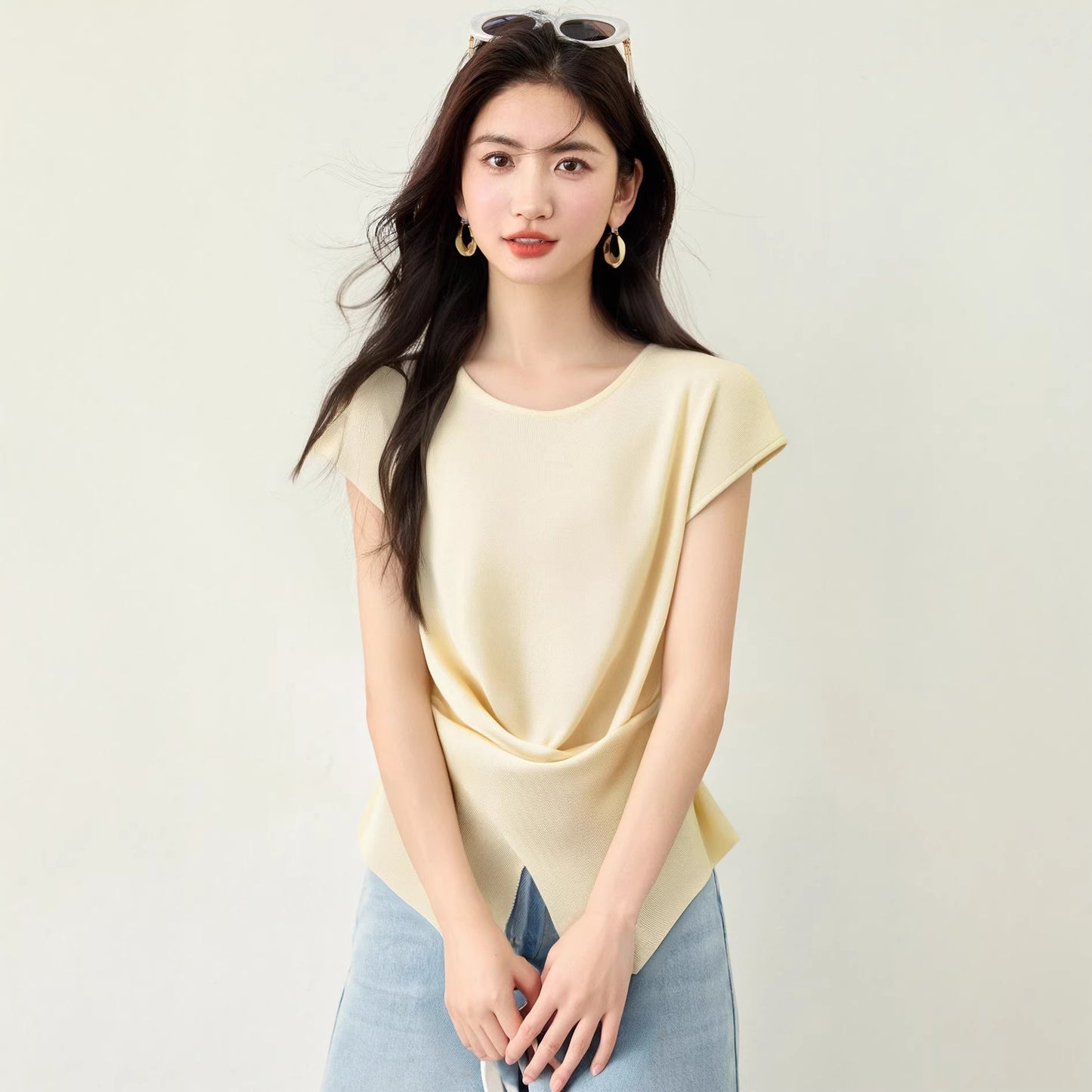 Women's Irregular Hem Knit Top - Elegant Side Button Short Sleeve Sweater