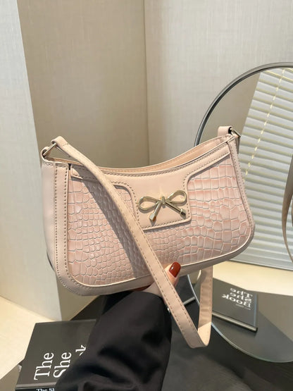 Elegant Crocodile Pattern PU Leather Shoulder Bag with Bow Detail