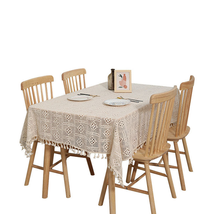 Vintage Cotton Linen Tassel Tablecloth – Pastoral Hollow Lace Round Table Cover for Dining & Coffee Tables