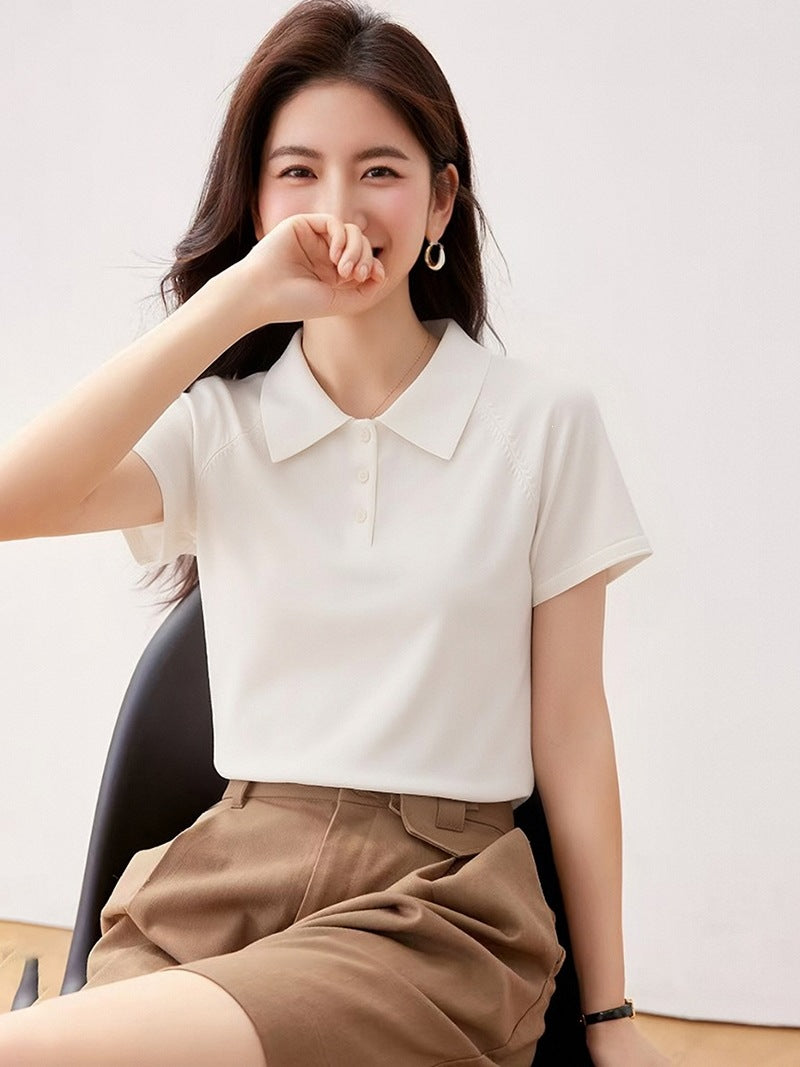 Elegant Ice Silk Knitted Polo Shirt - Unique Fitted Regular Shoulder Top for