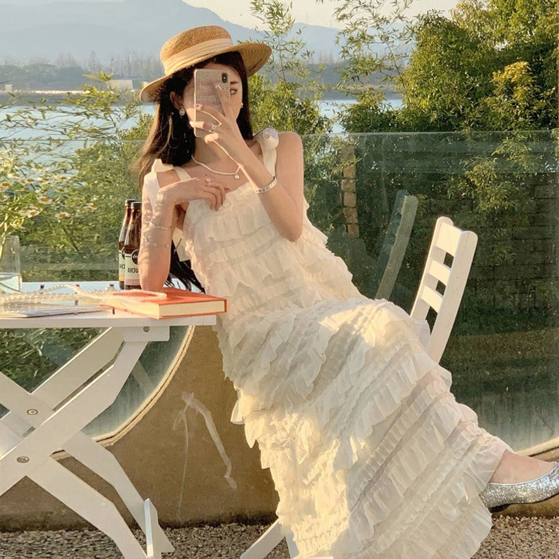 Elegant French Style White Chiffon Suspender Dress - Sleeveless Ruffle Layered Cake Skirt for Women