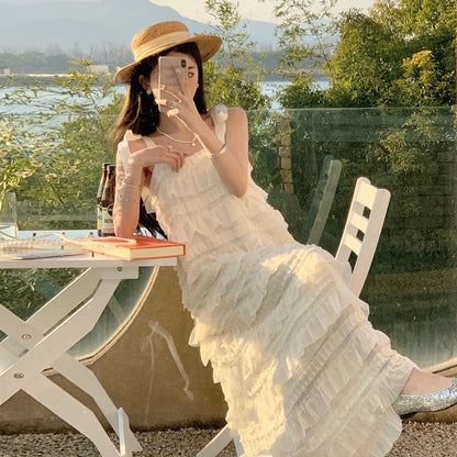 Elegant French Style White Chiffon Suspender Dress - Sleeveless Ruffle Layered Cake Skirt for Women