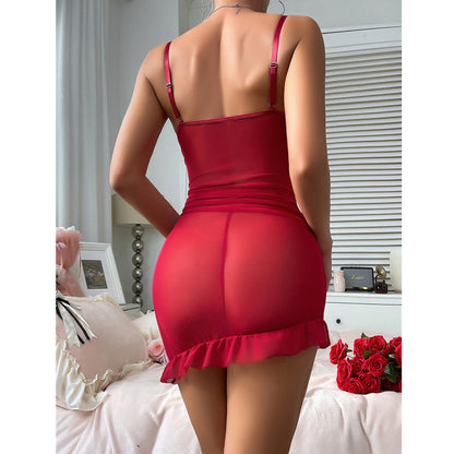 Red Sensual Lingerie with Lace Bodice & Ruffle Mini Skirt Set