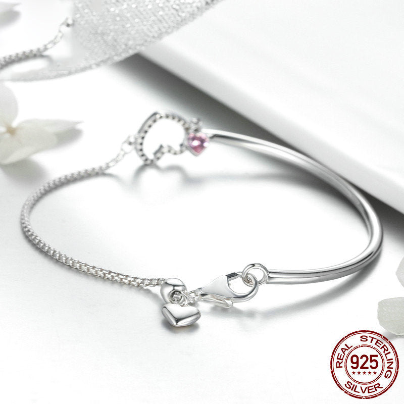 S925 Sterling Silver Heart Bracelet with Pink Crystal Charm
