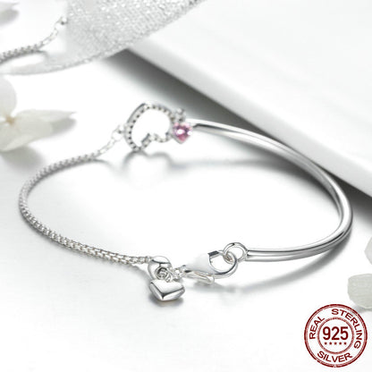 S925 Sterling Silver Heart Bracelet with Pink Crystal Charm