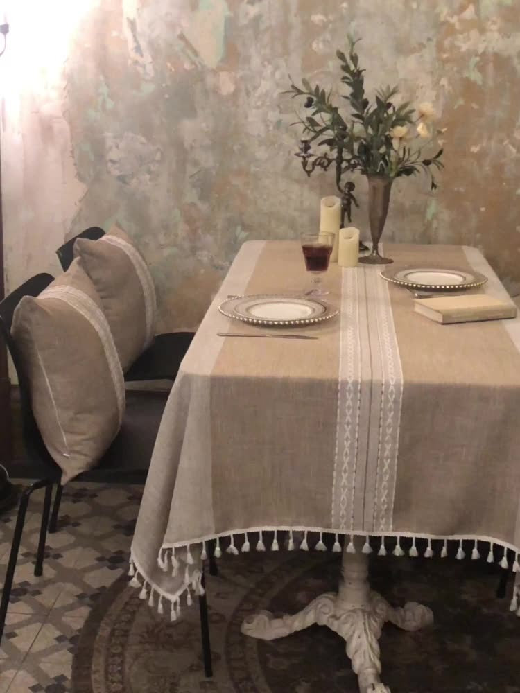 Nordic Jacquard Cotton Linen Tablecloth – Elegant Pink Long Stripe Table Cover with Decorative Tassels