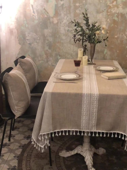 Nordic Jacquard Cotton Linen Tablecloth – Elegant Pink Long Stripe Table Cover with Decorative Tassels