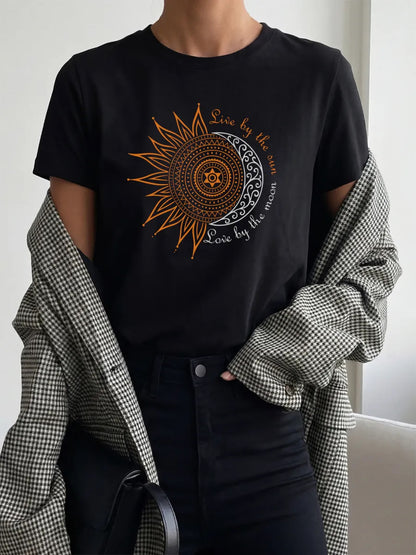 Women's Celestial Sun and Moon Printed Round Neck Casual Tee