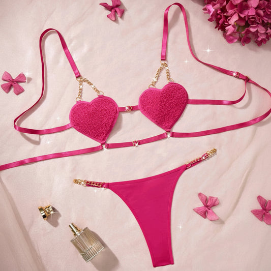 Romantic French Style Heart-shaped Strap Temptation Lingerie Set