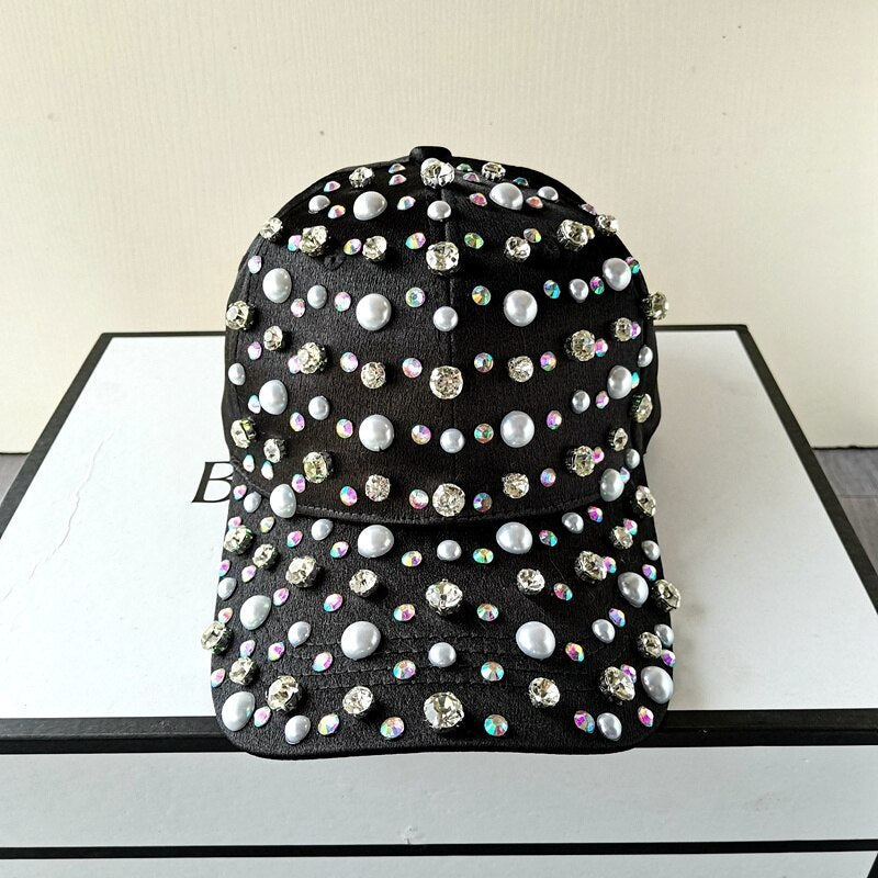 Elegant Pearl & Rhinestone Luxury Baseball Cap for Women - Adjustable Fashion Sun Hat