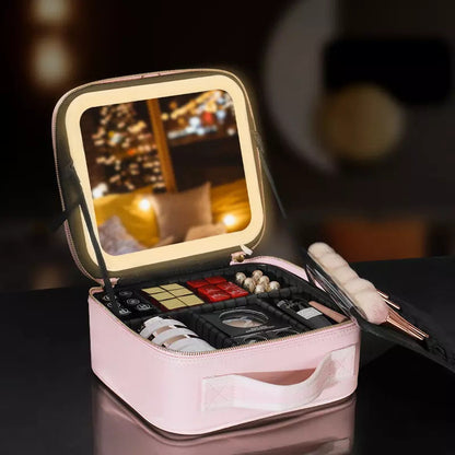 Large Capacity LED Mirror Makeup Bag – Multifunctional DIY Partition Storage Box