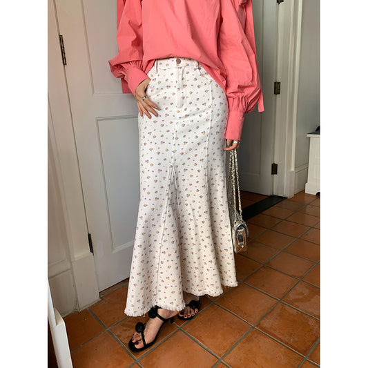 Vintage Floral Fishtail Midi Skirt - Elegant High-Waist Slim Fit Mermaid Skirt for Women