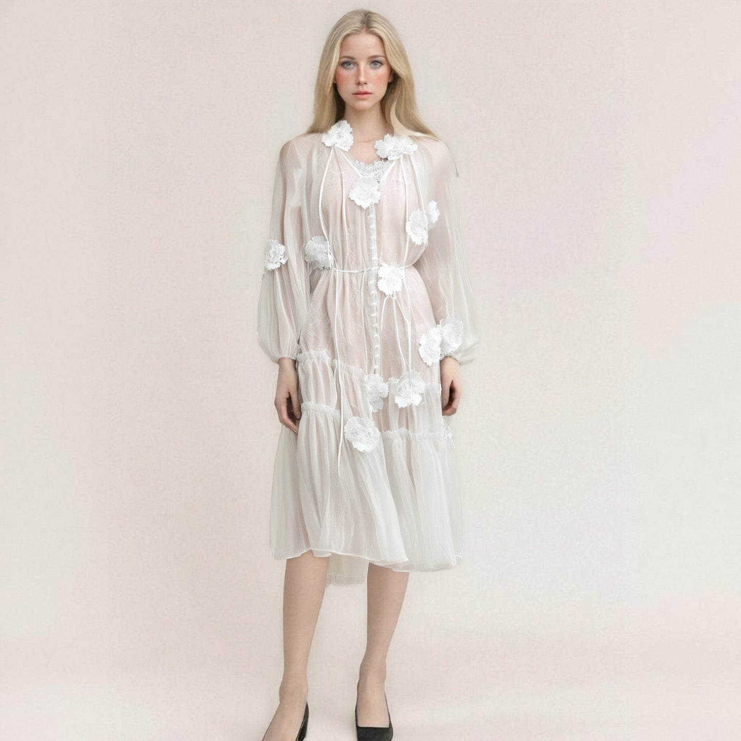 Luxury 3D Floral Patchwork White Cardigan Dress - Elegant Lace-Up Mesh Maxi Skirt for Women