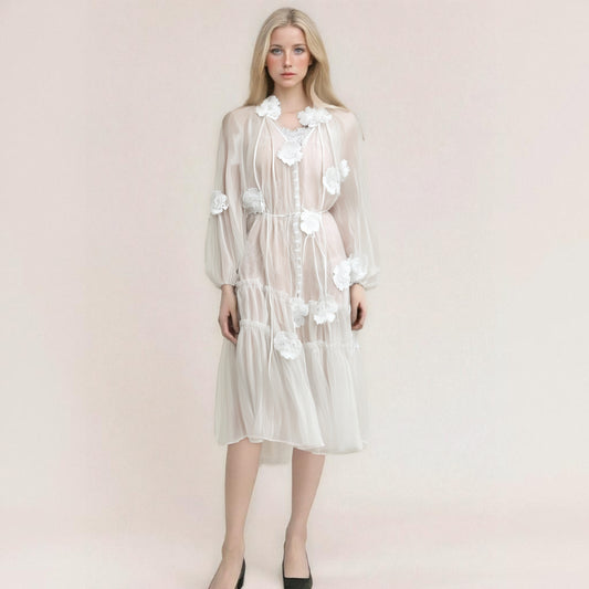Luxury 3D Floral Patchwork White Cardigan Dress - Elegant Lace-Up Mesh Maxi Skirt for Women