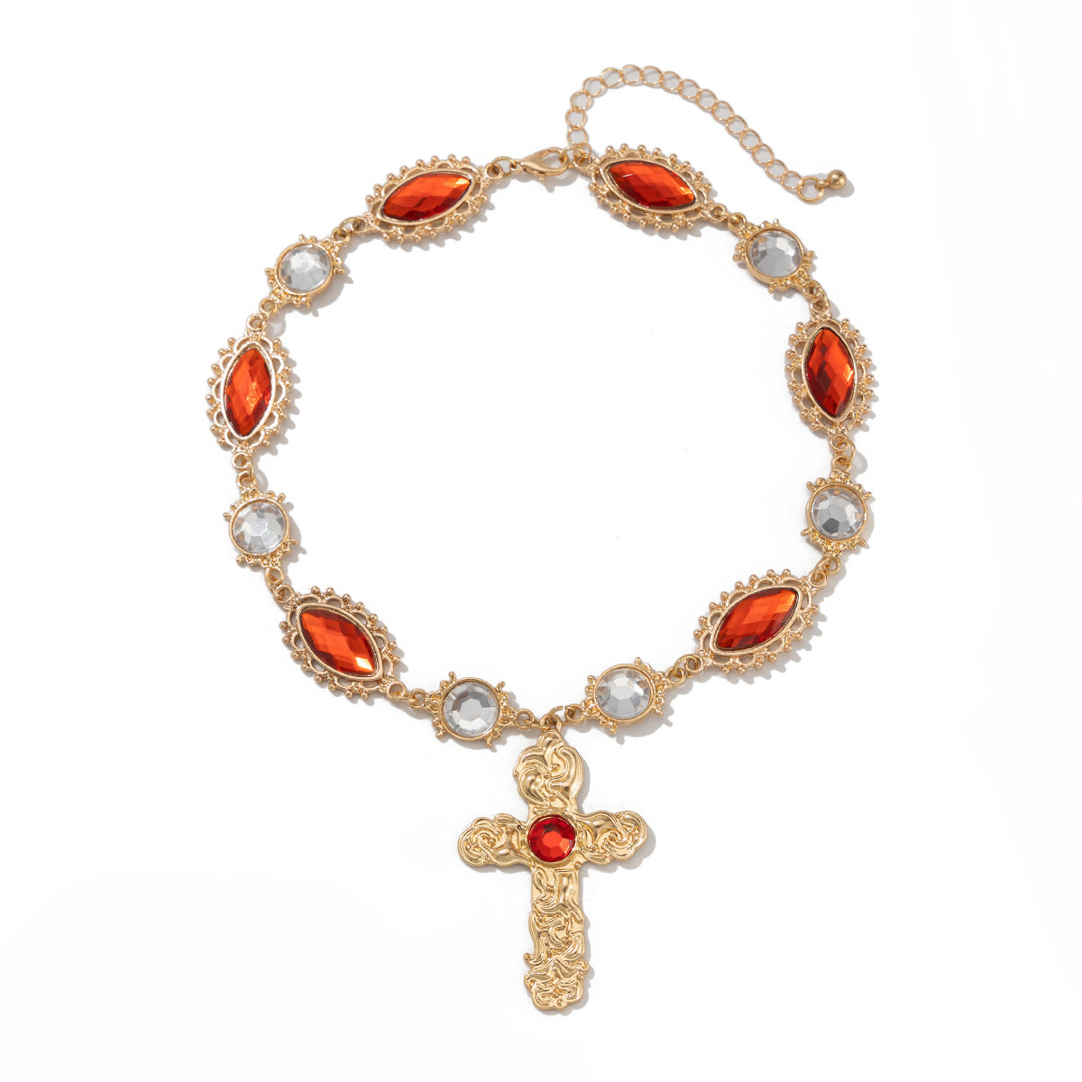 Palace Style Cross Pendant Necklace & Earring Set with Red Gemstones