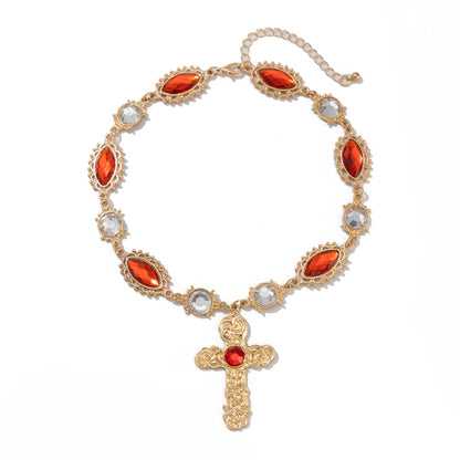 Palace Style Cross Pendant Necklace & Earring Set with Red Gemstones