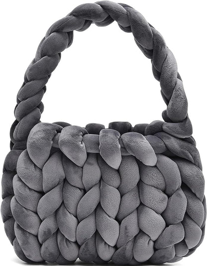 Chunky Hand-Knitted Velvet Yarn Shoulder Bag - Pink