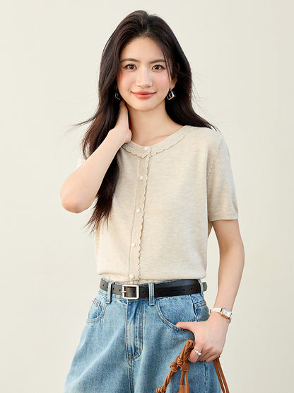 Chic Ice Silk Knit Short Sleeve Top - Lightweight Casual T-Shirt for Women
