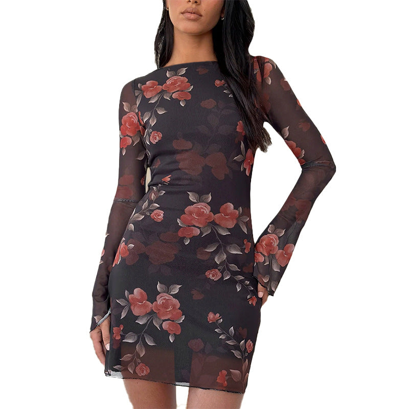 Romantic Floral Print Mesh Bodycon Mini Dress with Flare Sleeves