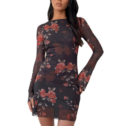 Romantic Floral Print Mesh Bodycon Mini Dress with Flare Sleeves