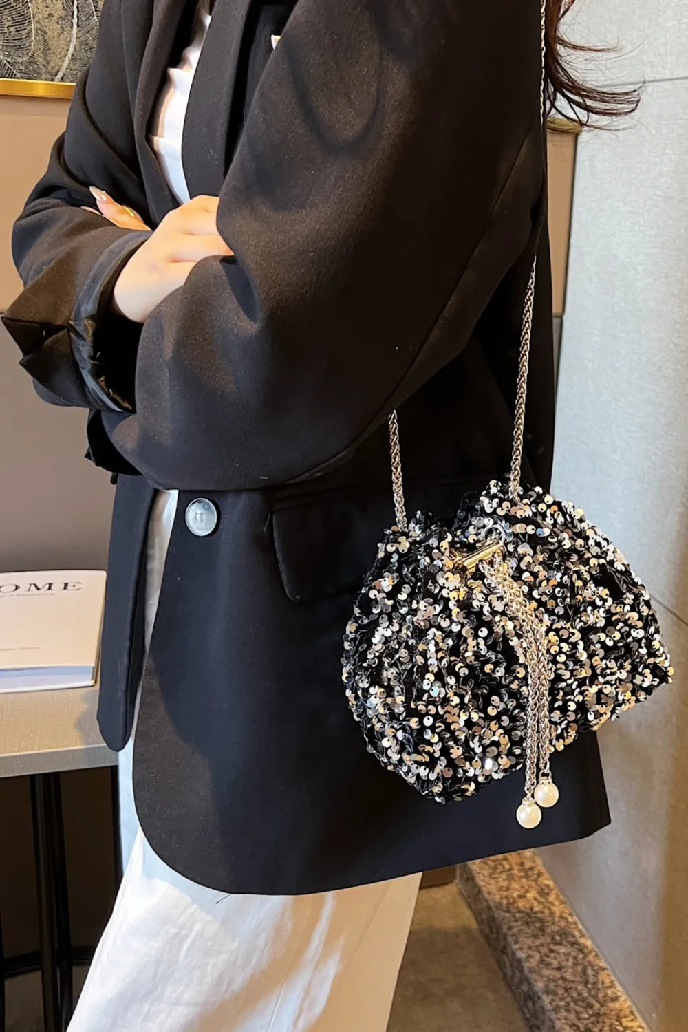 Sparkling Sequin Drawstring Bucket Bag with Chain Strap