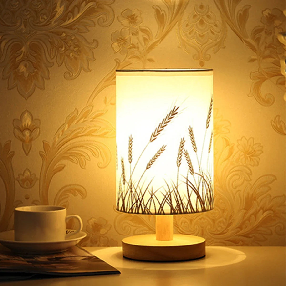 Nordic Wooden LED Table Lamp – Elegant Linen Night Light with USB Power for Bedroom & Office