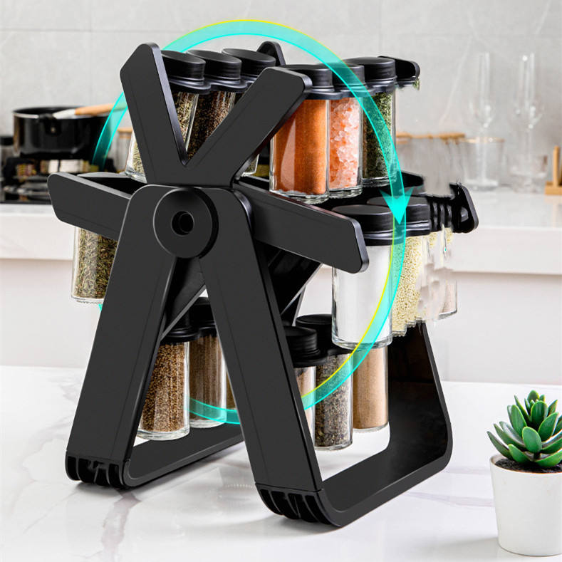 Rotating Ferris Wheel Spice Rack Set - 18 Glass Seasoning Bottles & Jars Organizer
