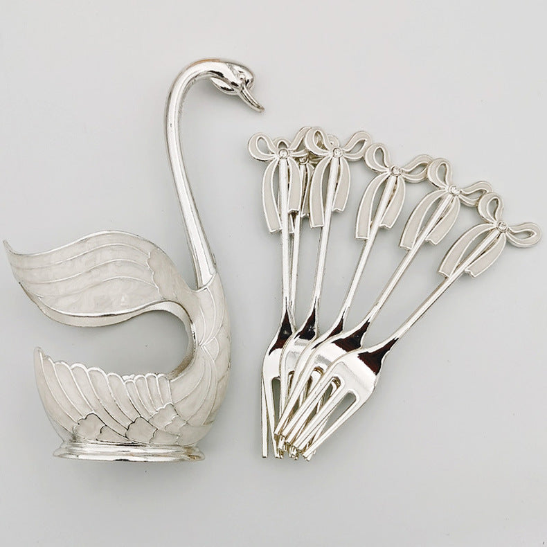 Elegant Swan Holder with Dessert Forks and Coffee Spoons