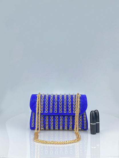 Elegant Black and Gold Chain-Adorned Evening Clutch Bag with Long Strap