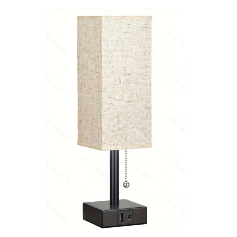 Modern Square Linen Desk Lamp with Dual USB Ports – 3 Color Modes & Pull Chain Switch for Bedroom