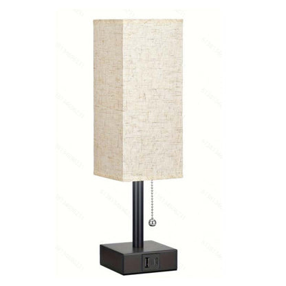 Modern Square Linen Desk Lamp with Dual USB Ports – 3 Color Modes & Pull Chain Switch for Bedroom