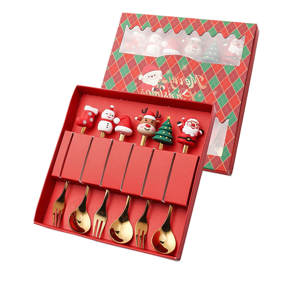 Luxury Christmas Gift Tableware Set - Gold Stainless Steel Coffee Spoon & Dessert Fork with Festive Cartoon Handles (Set of 4)