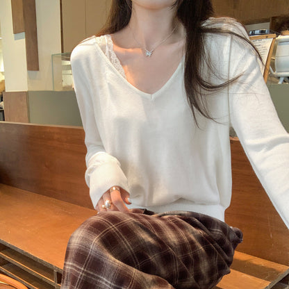 Trendy Gray V-Neck Long Sleeve Knit Top – Loose Lazy Style Elegant Slimming Sweater for Women