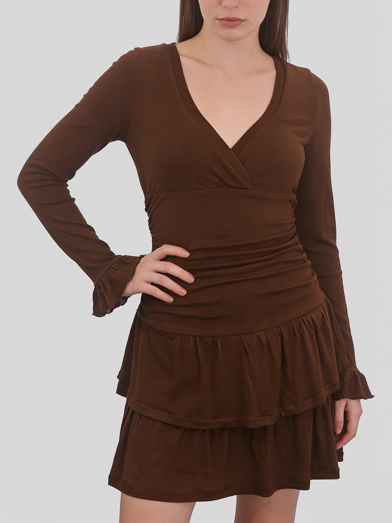 Vintage Brown Multi-Layered Ruffle Mini Dress – Elegant V-Neck Long Sleeve Party Dress