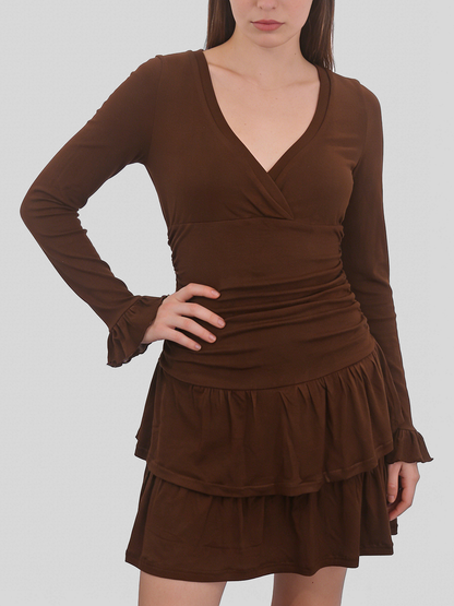 Vintage Brown Multi-Layered Ruffle Mini Dress – Elegant V-Neck Long Sleeve Party Dress