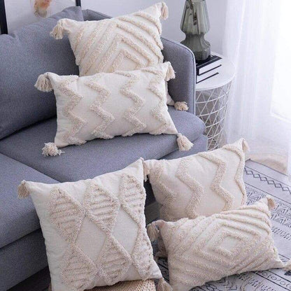Handmade Boho Tufted Cushion Cover – Decorative Textured Pillowcase with Tassels for Sofa & Bedroom