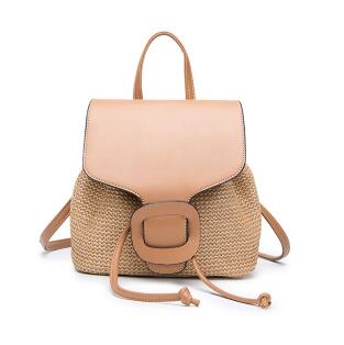 Women's Straw Splicing Leather Backpack - Leisure Beach Shoulder Bag & Rucksack for Teenage Girls