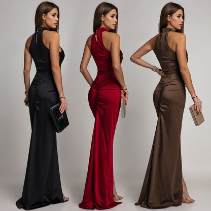 Sparkling Sequin Velvet Halter Neck Maxi Dress - Elegant High Slit Party Gown for Women